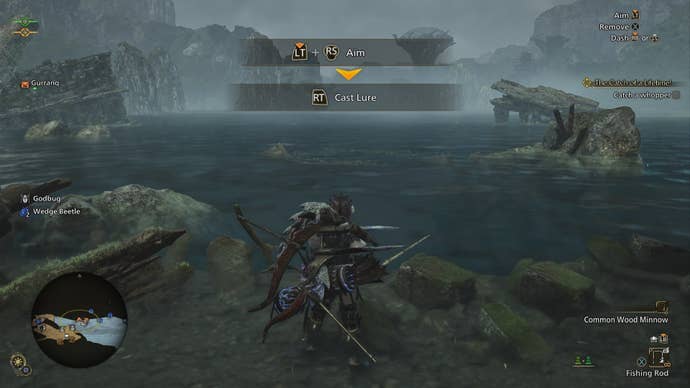 The player can be seen fishing, with a large fish - known as a Whopper- in the distance, in Monster Hunter Wilds