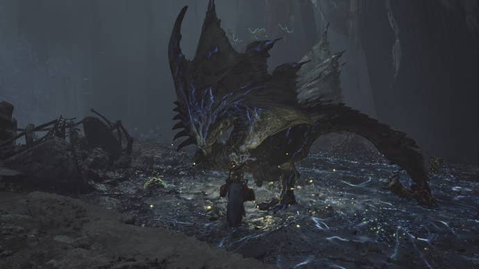 Four hunters fight a Guardian Rathalos in Wyveria in Monster Hunter Wilds