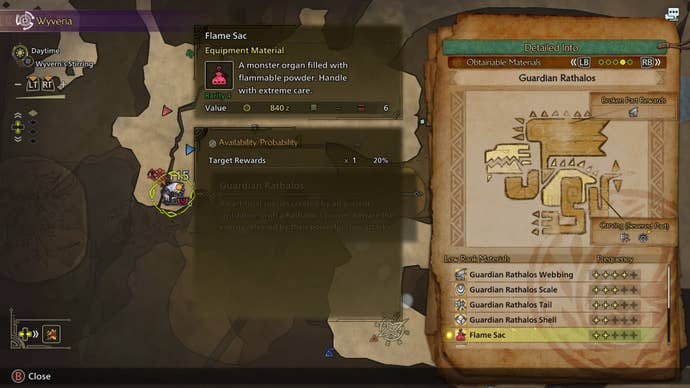 The Guardian Rathalos is selected on the map, as well as their chances of dropping a Flame Sac, in Monster Hunter Wilds