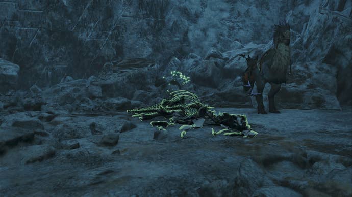 A bonepile in Iceshard Cliffs can be seen in Monster Hunter Wilds