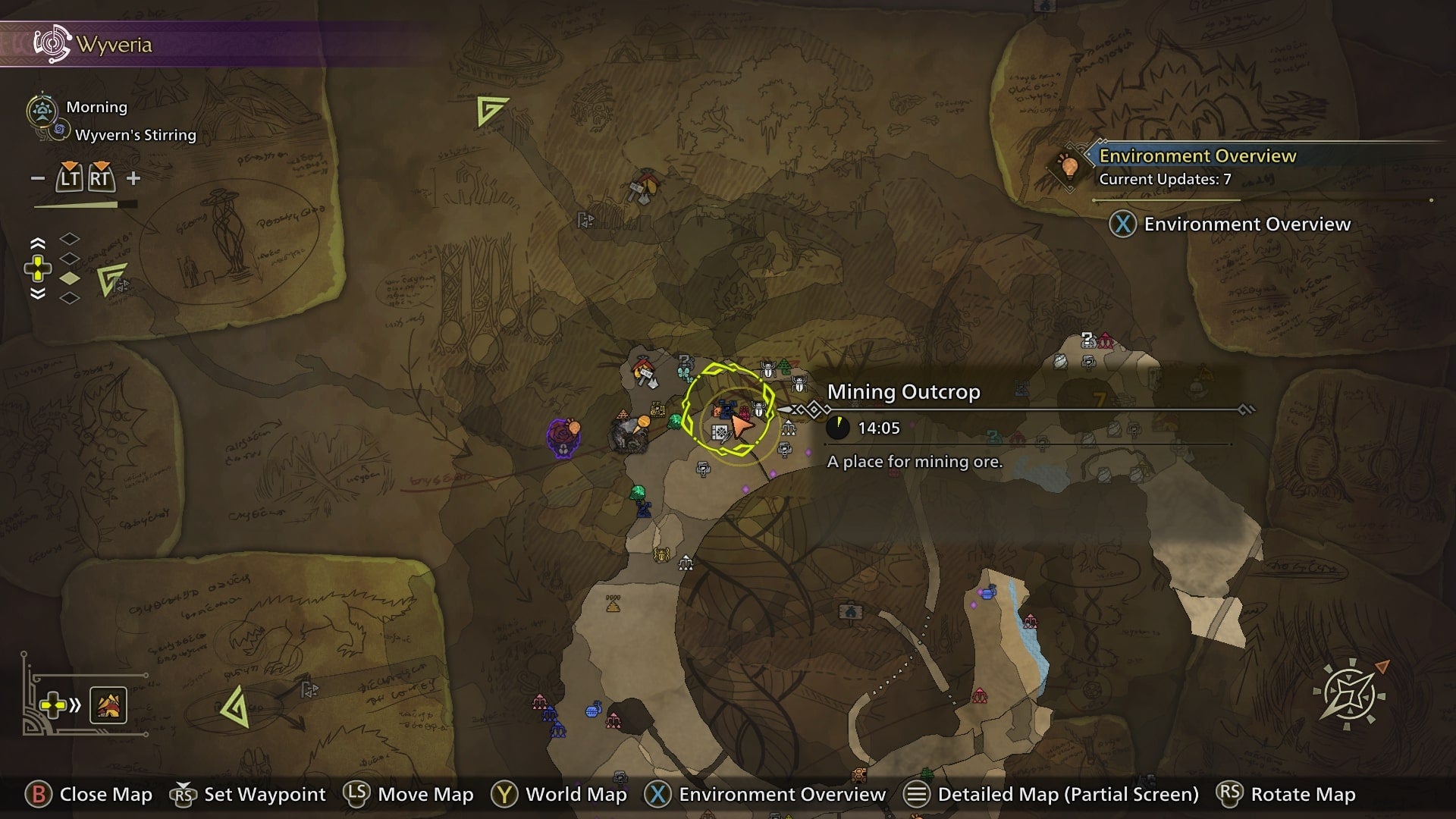 The location of a Mining Outcrop in the Ruins of Wyveria is shown on the Monster Hunter Wilds map - 3