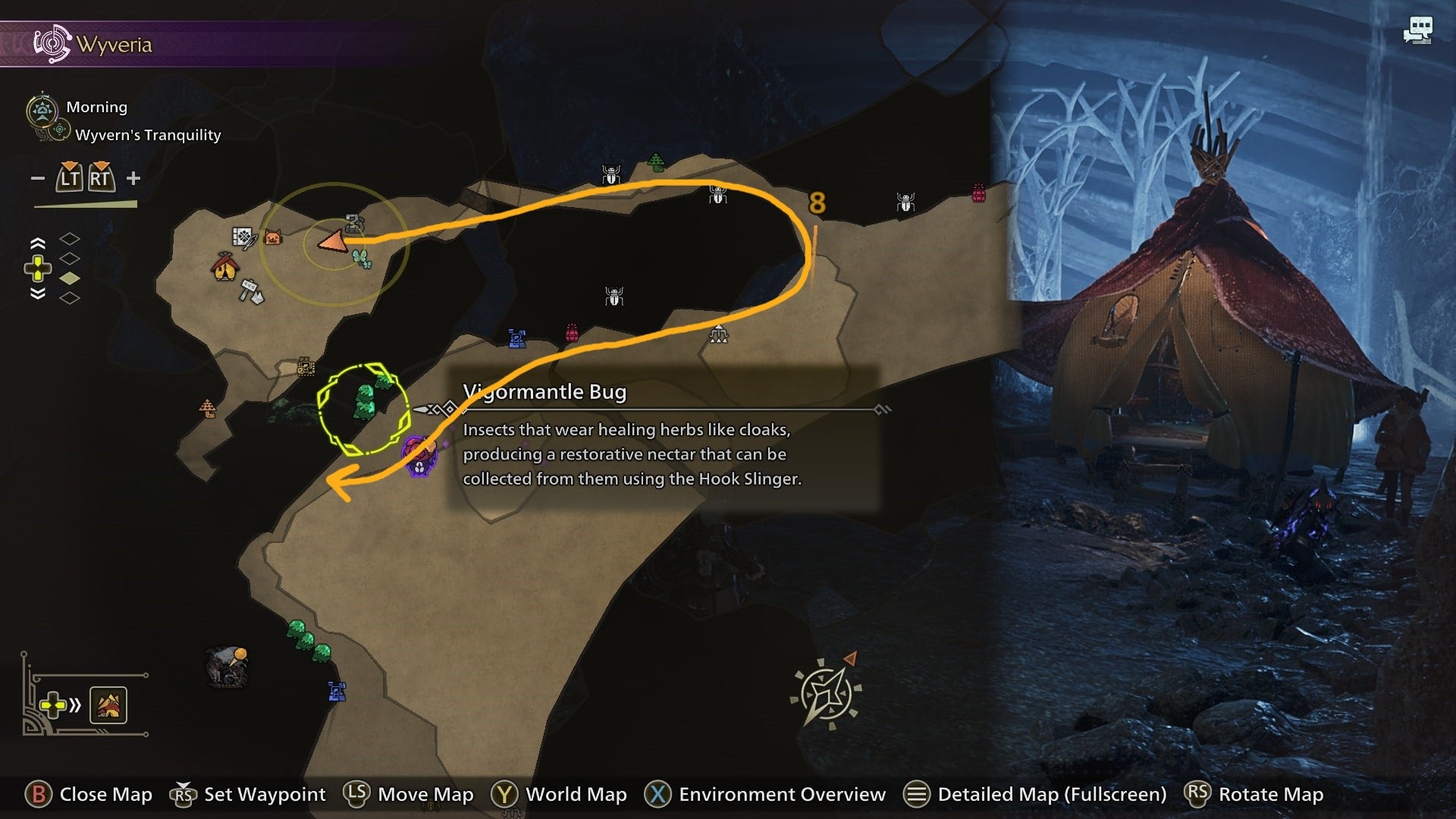 A route from the Gap in Rubble Pop Up Camp in Wyveria to where Gillopods and Pillopods can be found is drawn on the map in Monster Hunter Wilds - 3