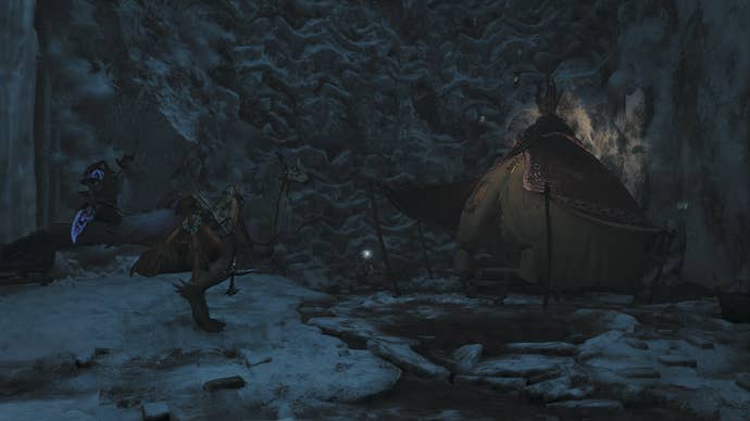 The player’s Seikret and Palico can be seen beside a Pop Up Camp in Monster Hunter Wilds' Iceshard Cliffs biome