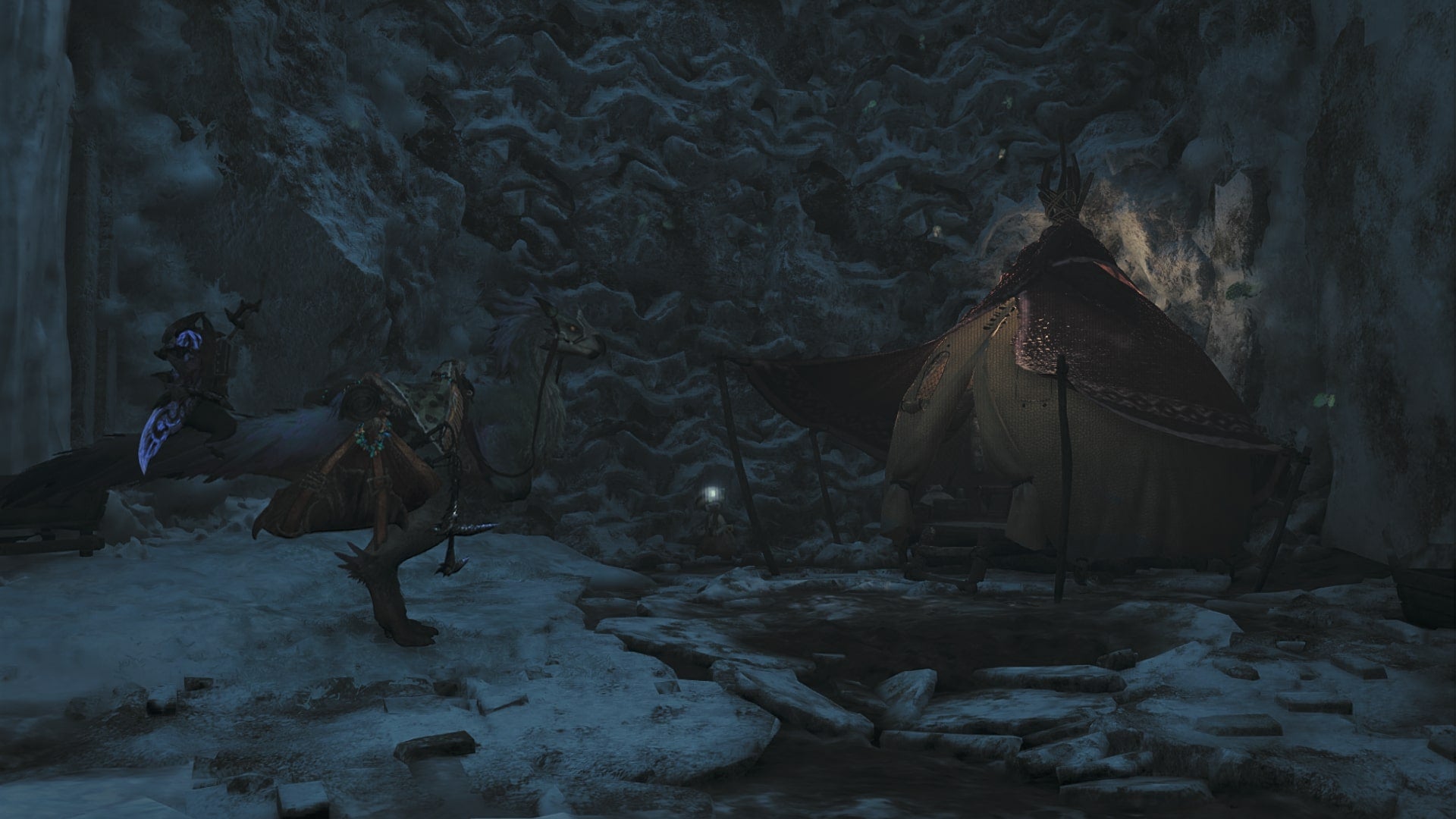 The player's Seikret and Palico can be seen beside a Pop Up Camp in Monster Hunter Wilds' Iceshard Cliffs biome - 1