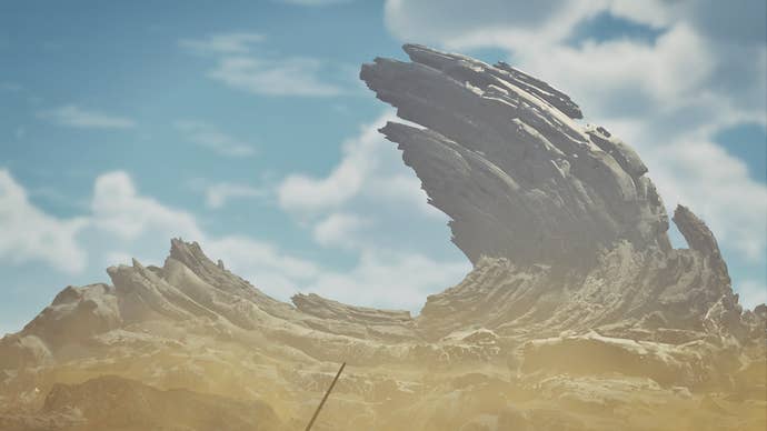 A large ruined rock is shown in the horizon of the Plains biome in Monster Hunter Wilds