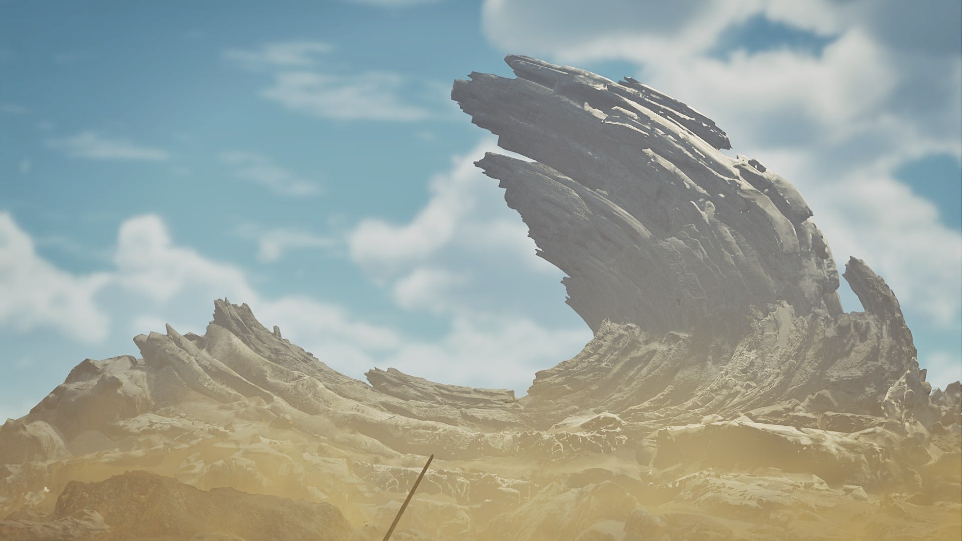 A large ruined rock is shown in the horizon of the Plains biome in Monster Hunter Wilds - 1