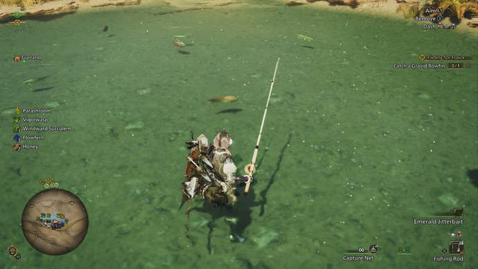 The player fishes using their fishing rod in the Oasis area of the Plains biome in Monster Hunter Wilds