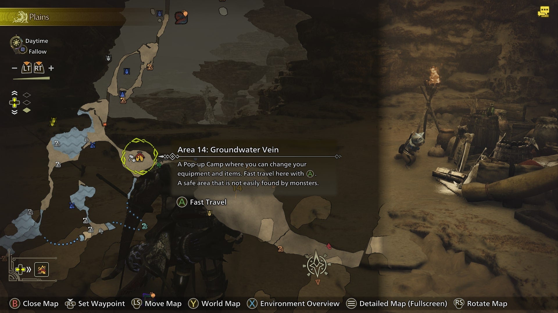 The location of the Groundwater Vein Pop Up Camp in the Plains biome of Monster Hunter Wilds is shown - 3