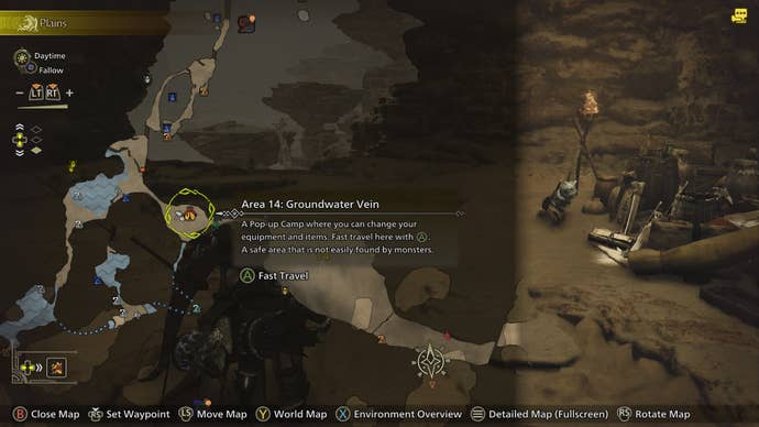 The location of the Groundwater Vein Pop Up Camp in the Plains biome of Monster Hunter Wilds is shown