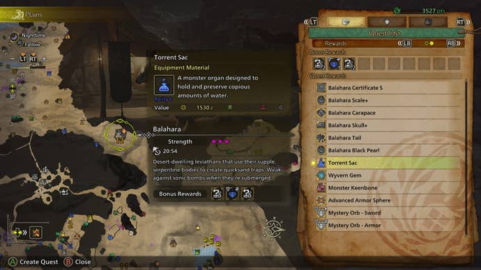 Balahara is shown on the map in Monster Hunter Wilds, alongside its possible drops - including a Torrent Sac