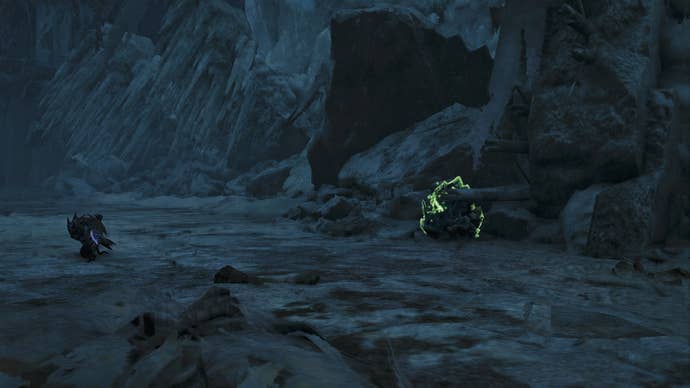 A mining node in the Iceshard Cliffs biome in Monster Hunter Wilds is shown, with the Palico to the left of it