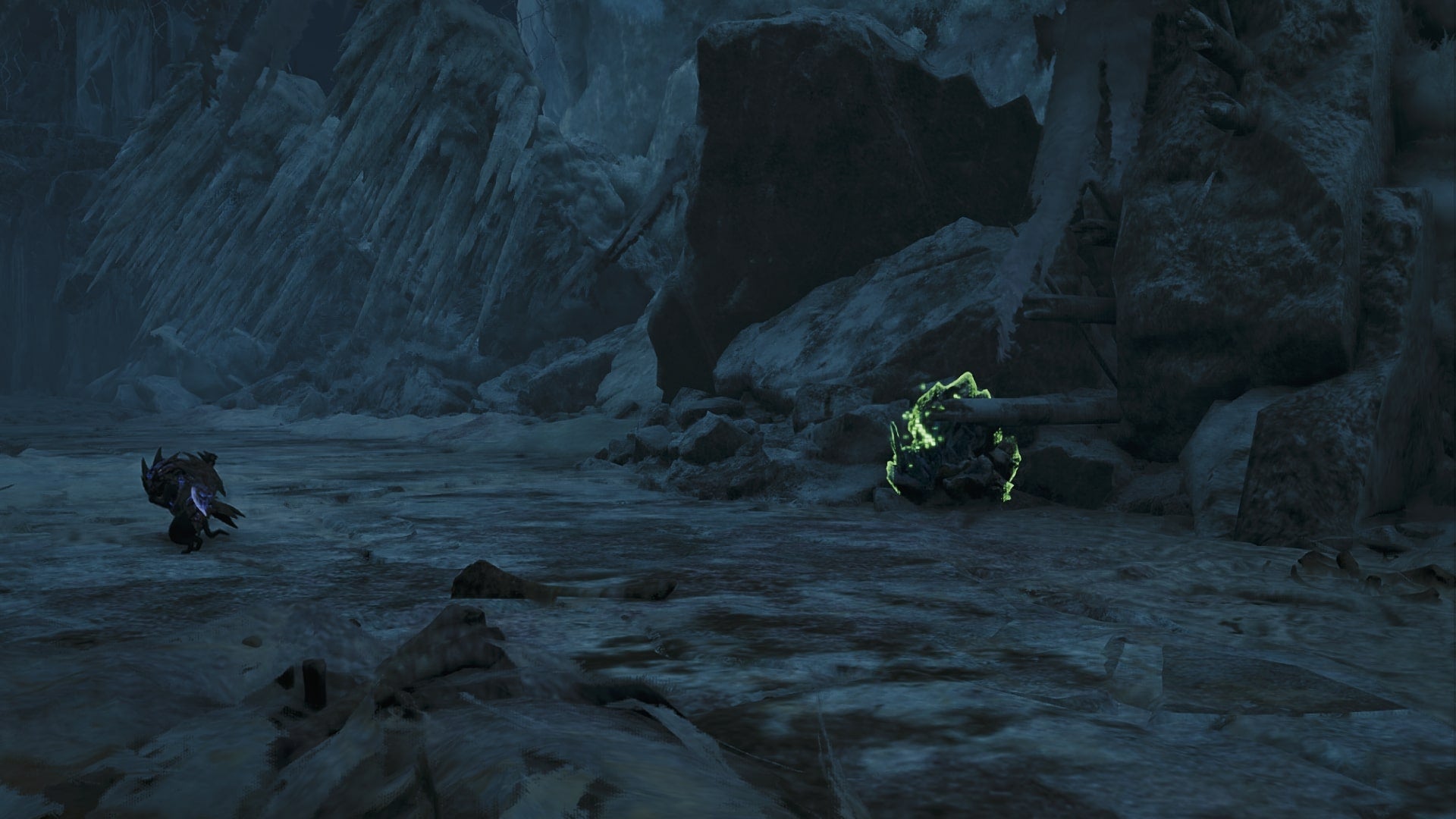 A mining node in the Iceshard Cliffs biome in Monster Hunter Wilds is shown, with the Palico to the left of it - 1