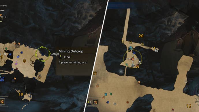 Two screenshots of the Iceshard Cliffs map, detailing areas where Icium and Gracium can be found in Monster Hunter Wilds, are shown side by side