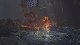 Four hunters fight a Guardian Rathalos in Wyveria in Monster Hunter Wilds