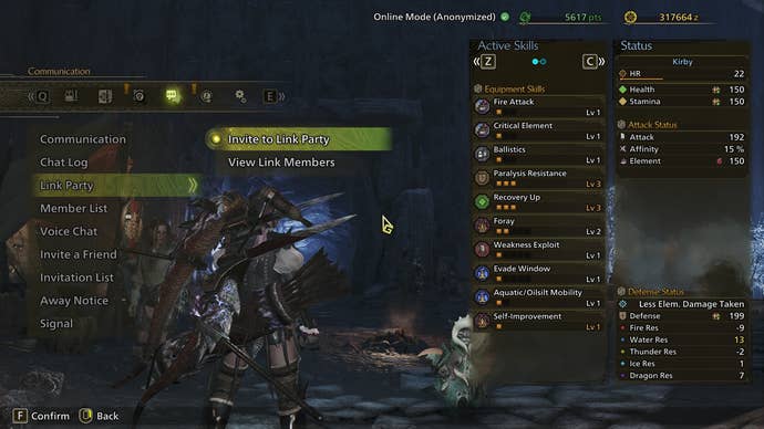 The ‘Invite to Link Party’ option is shown in Monster Hunter Wilds' menu
