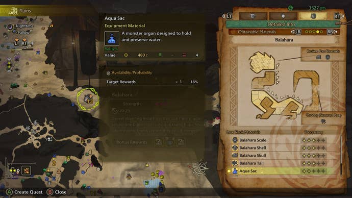 Balahara is shown on the map in Monster Hunter Wilds, alongside its possible drops - including a Aqua Sac