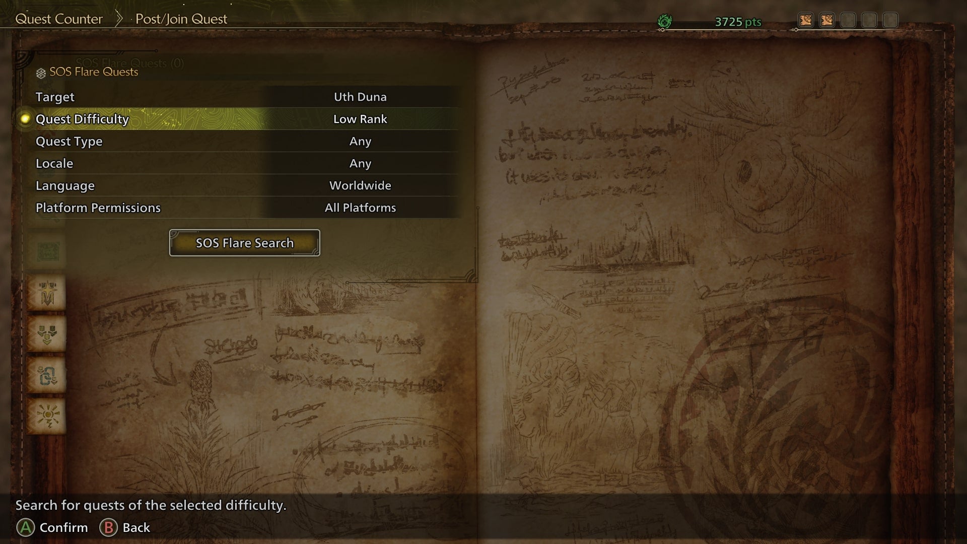 The player searches for a Low Rank Uth Duna quest using the SOS Flares Quest option in the Quest Menu in Monster Hunter Wilds - 4