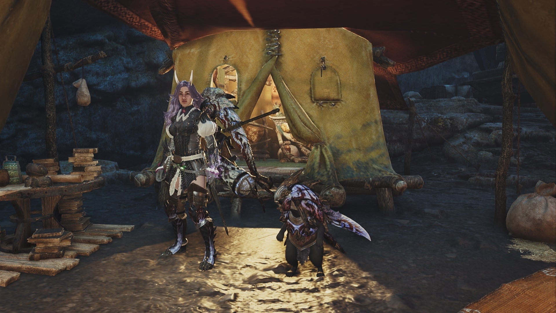 The Hunter and their Palico stand outside of the Hunter's Tent in Monster Hunter Wilds - 1