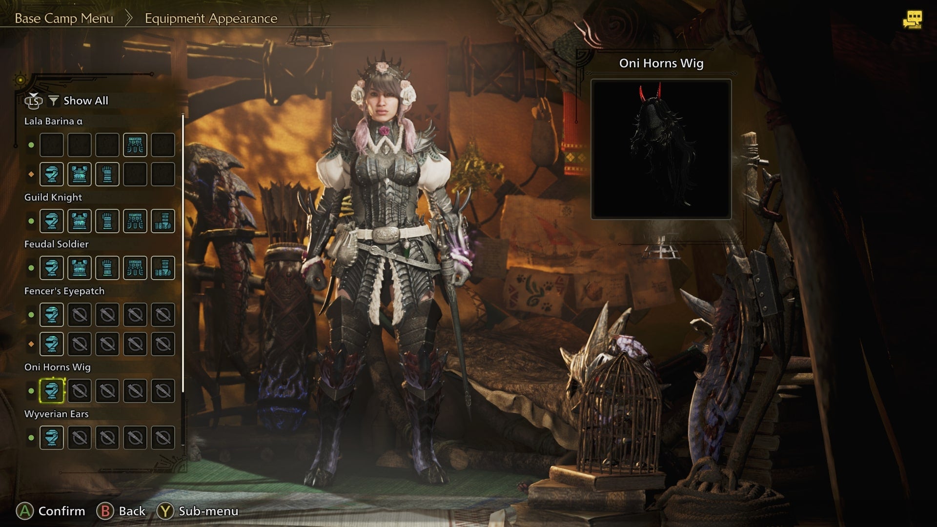 The player looks at the available Layered Armor options in the Appearance Menu in their Tent in Monster Hunter Wilds - 4