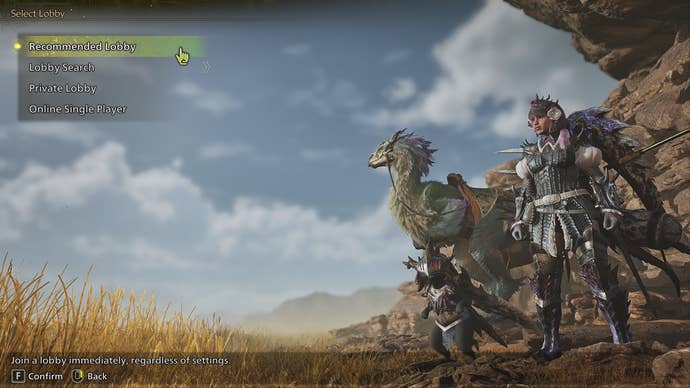 The lobby selection screen in Monster Hunter Wilds is shown