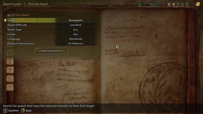 The player searches for a Low Rank Rompopolo quest using the SOS Flares Quest option in the Quest Menu in Monster Hunter Wilds