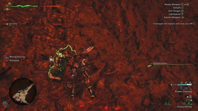 The player, who is mining in Area 16 of Oilwell Basin, retrieves a Firecell Stone in Monster Hunter Wilds