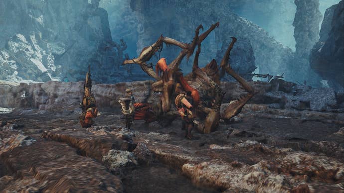 Multiple Hunters can be seen gathered around a Nerscylla in Oilwell Basin in Monster Hunter Wilds