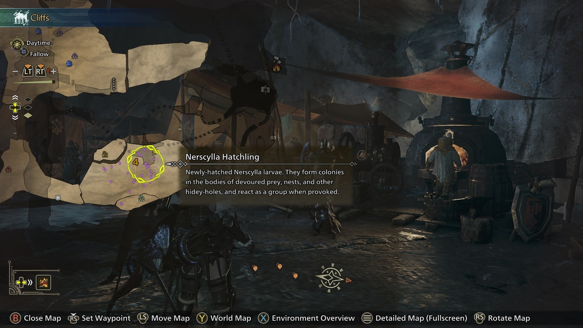 Nerscylla Hatchlings are highlighted on a map of Iceshard Cliffs in Monster Hunter Wilds - 4