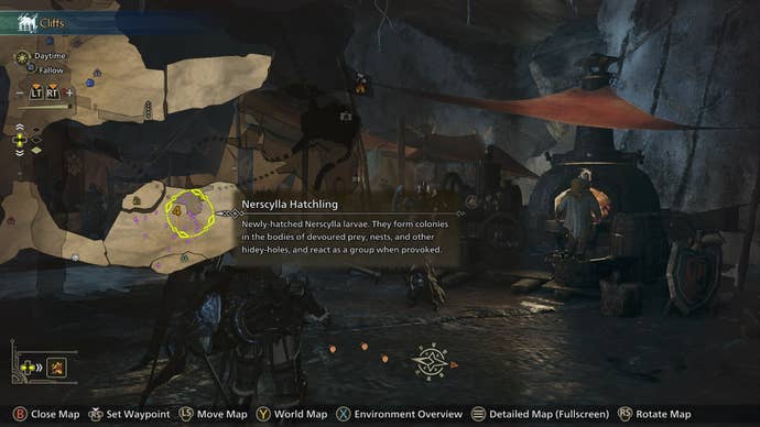 Nerscylla Hatchlings are highlighted on a map of Iceshard Cliffs in Monster Hunter Wilds