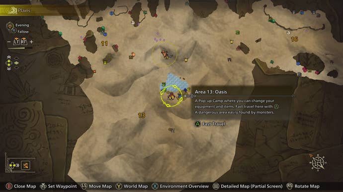 The location of the Oasis Pop-Up Camp in the Plains biome in Monster Hunter Wilds is shown