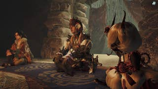 The player character sits beside Alma and their Palico inside of a tent in Kunafa in Monster Hunter Wilds