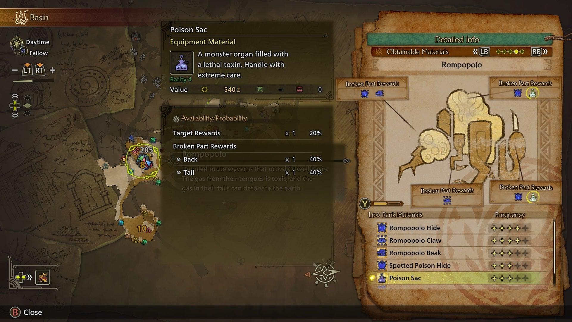 The location of a Rompopolo, and it's possible drops - namely, the Poison Sac - are shown in Monster Hunter Wilds - 3