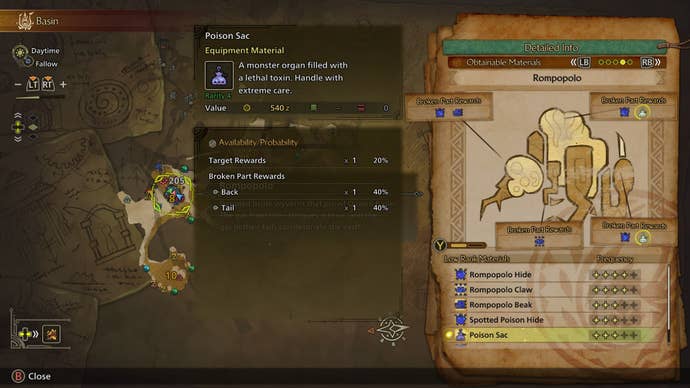The location of a Rompopolo, and it’s possible drops - namely, the Poison Sac - are shown in Monster Hunter Wilds