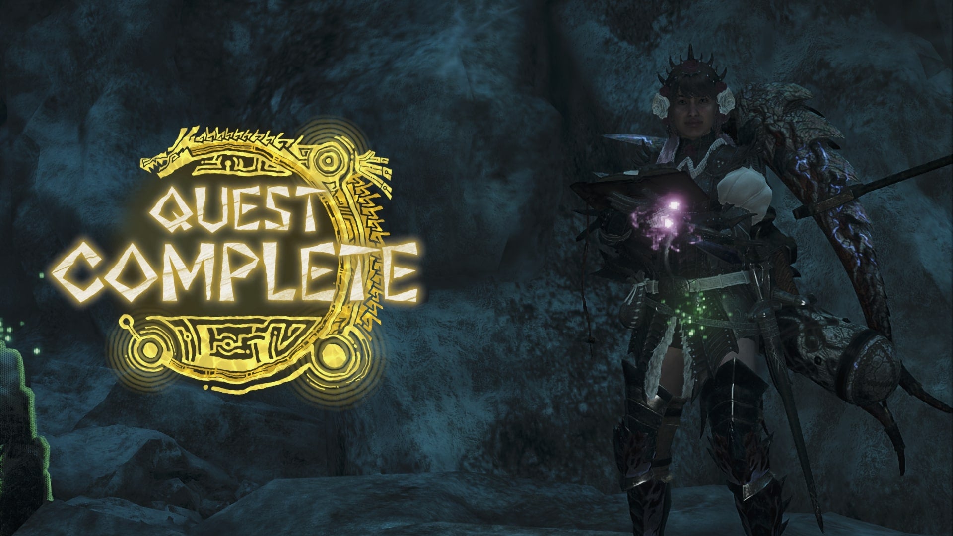 The player character can be seen beside the 'Quest Complete' icon after finishing a quest in Monster Hunter Wilds - 1