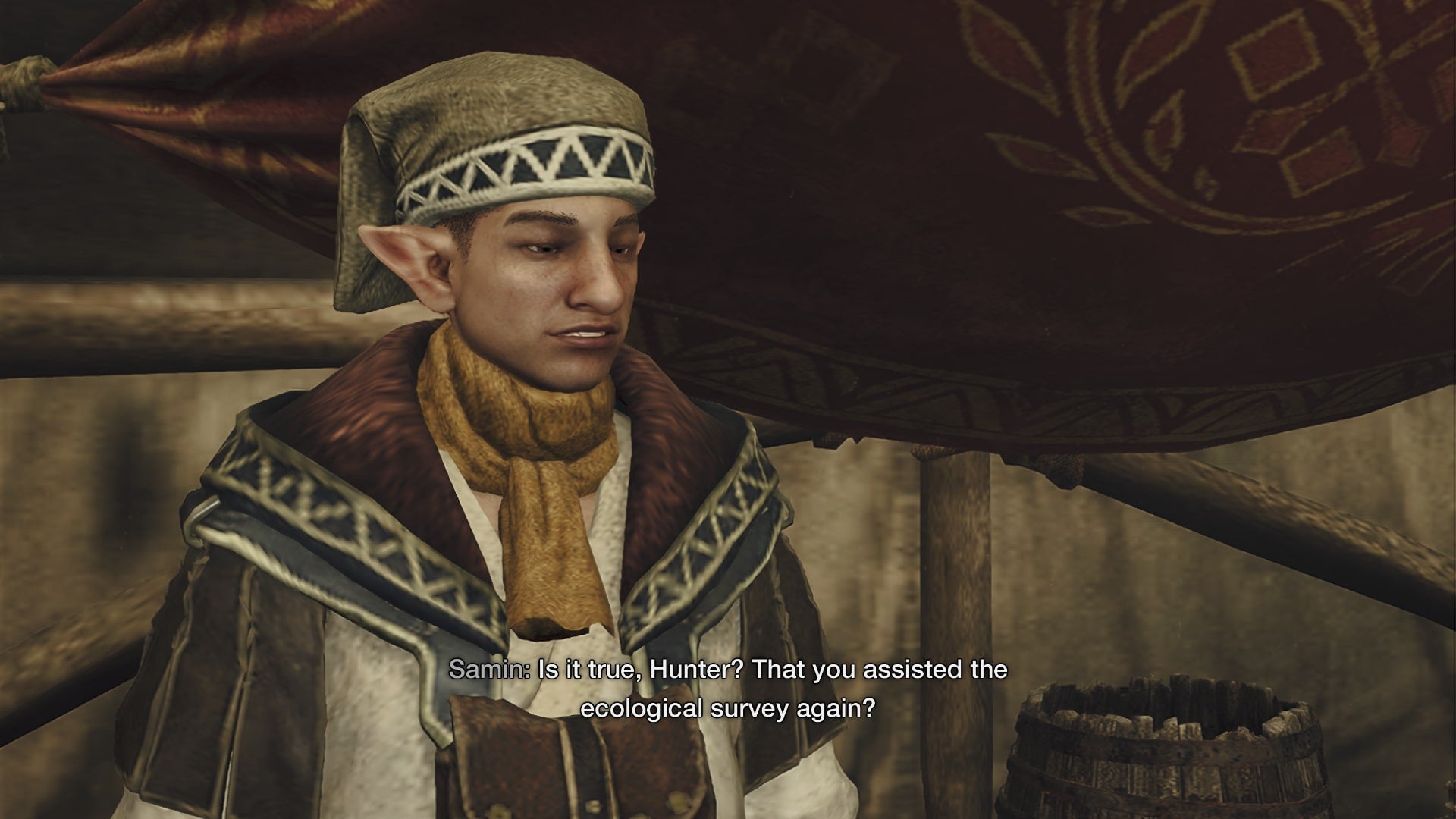 The player speaks with Samin in Windward Plains Base Camp in Monster Hunter Wilds