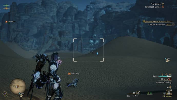 The player aims their Capture Net at a Sandstar in the distance in Windward Plains in Monster Hunter Wilds