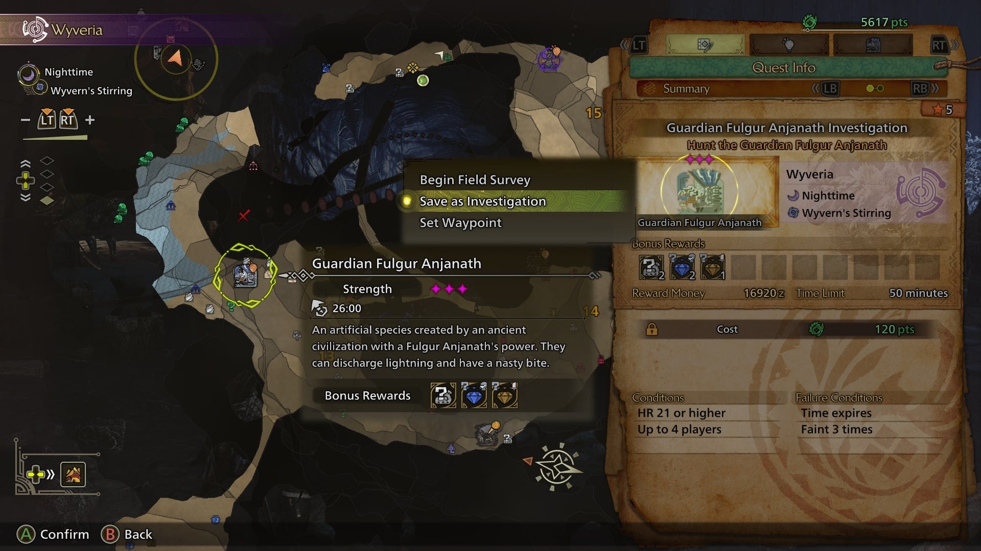 The player, who has selected a large monster on their map, saves it as an Investigation in Monster Hunter Wilds - 4