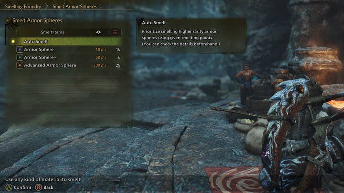 The player looks at smelting materials into Armor Spheres using the Smelting Foundry in Monster Hunter Wilds' Oilwell Basin
