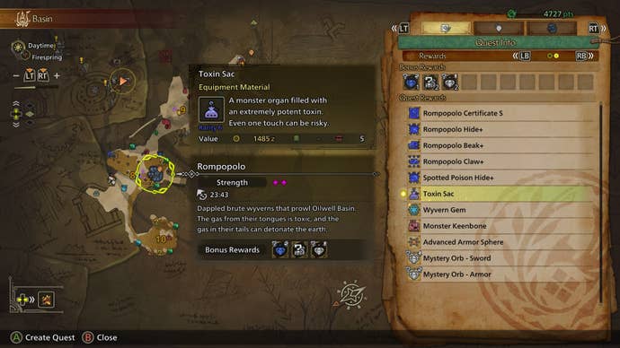 Rompopolo is shown on the map in Monster Hunter Wilds, alongside its possible drops - including a Toxin Sac