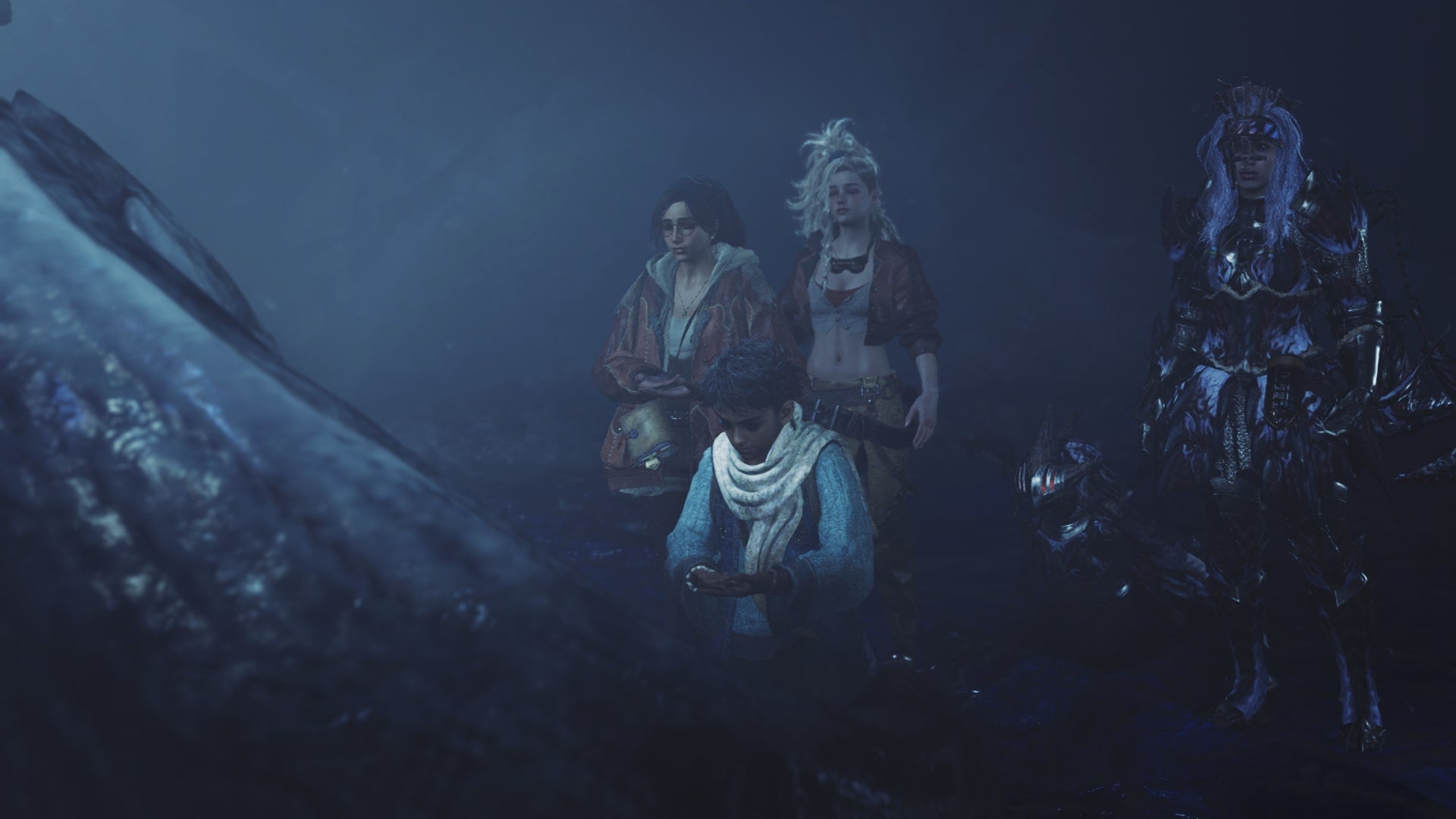 Nata, Alma, Gemma, and the player character can be seen looking at something unusual in Monster Hunter Wilds