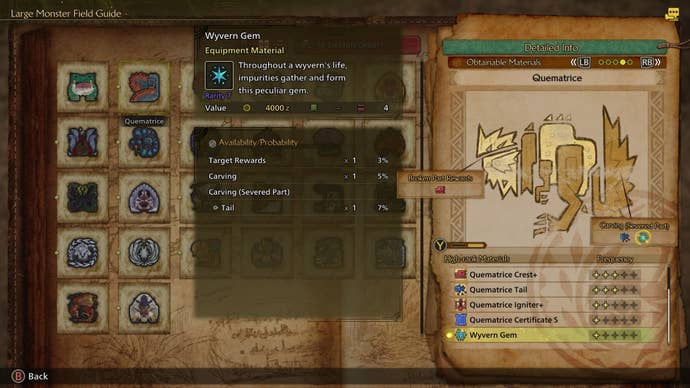 The probability of a Wyvern Gem dropping from a High Rank Quematrice in Monster Hunter Wilds is shown in the Large Monster Field Guide