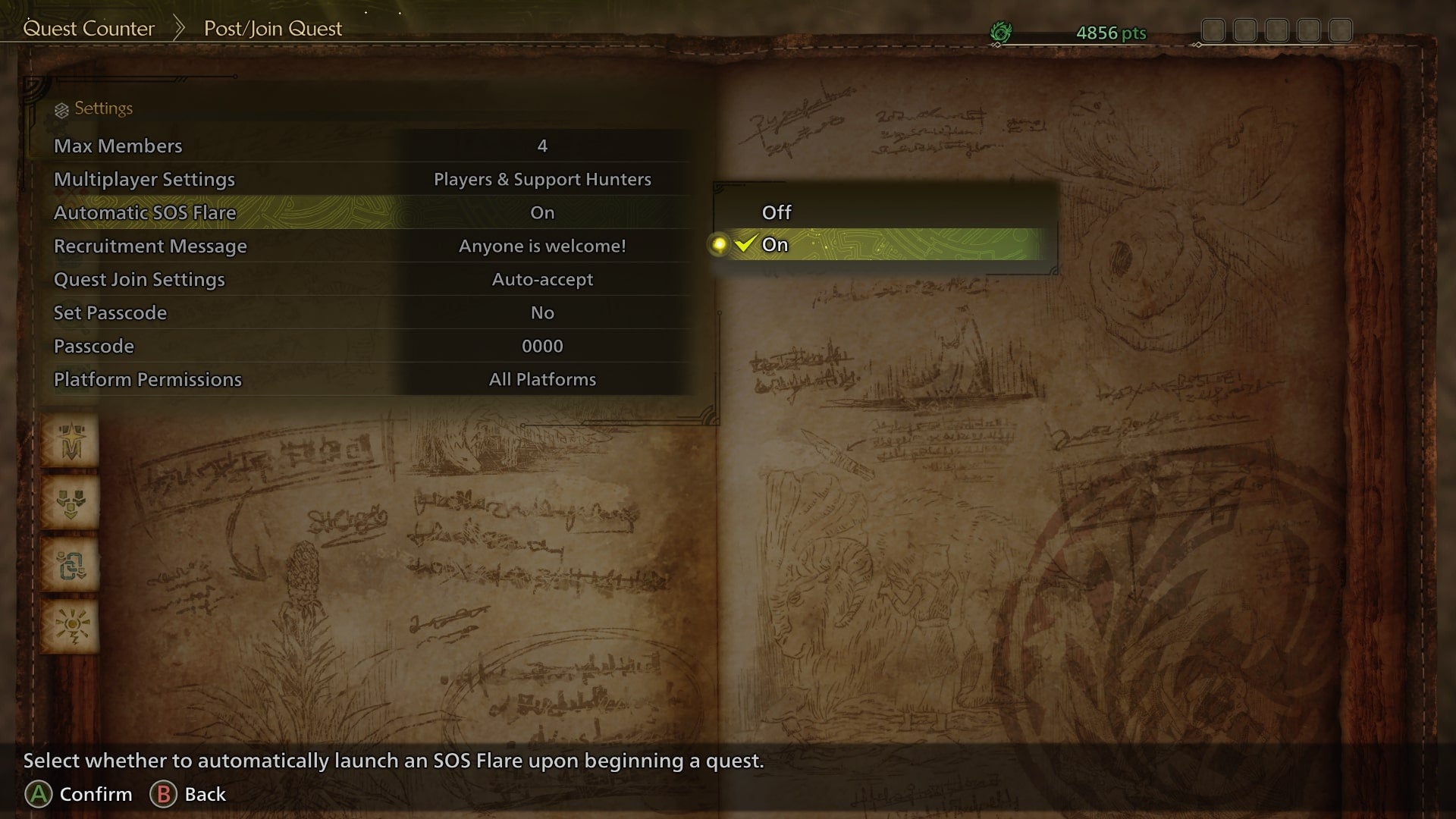 Via the Quest Menu settings, the player turns on automatic SOS flares in Monster Hunter Wilds - 3