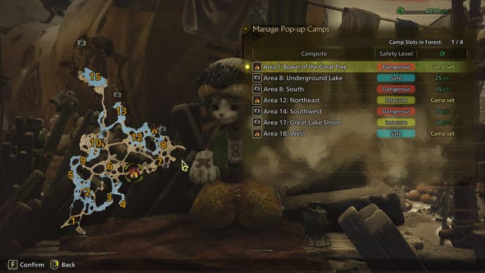 The player manages their Scarlet Forest Pop Up Camps via the Pop Up Meowster in Monster Hunter Wilds