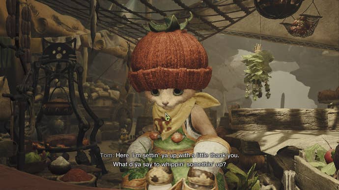 The player speaks with one of the Meowster’s found in Base Camp in Monster Hunter Wilds