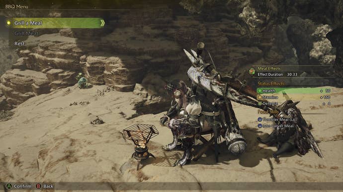 The player cooks a meal using the Portable BBQ tool in Monster Hunter Wilds