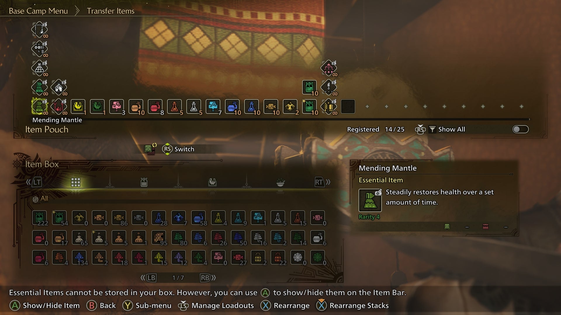 The player looks at transferring items from their box to their pouch in Monster Hunter Wilds - 5