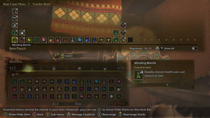 The player looks at transferring items from their box to their pouch in Monster Hunter Wilds