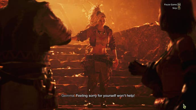 The Smithy addresses the player and other characters in a cutscene in Monster Hunter Wilds