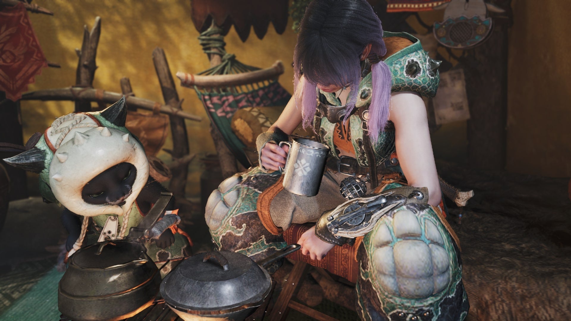 The player character shares a meal with their Palico in their tent in Monster Hunter Wilds - 1