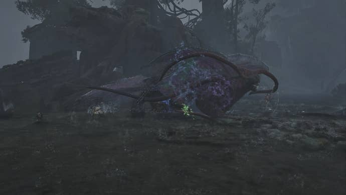 The Hunter fights the Uth Duna in Scarlet Forest in Monster Hunter Wilds